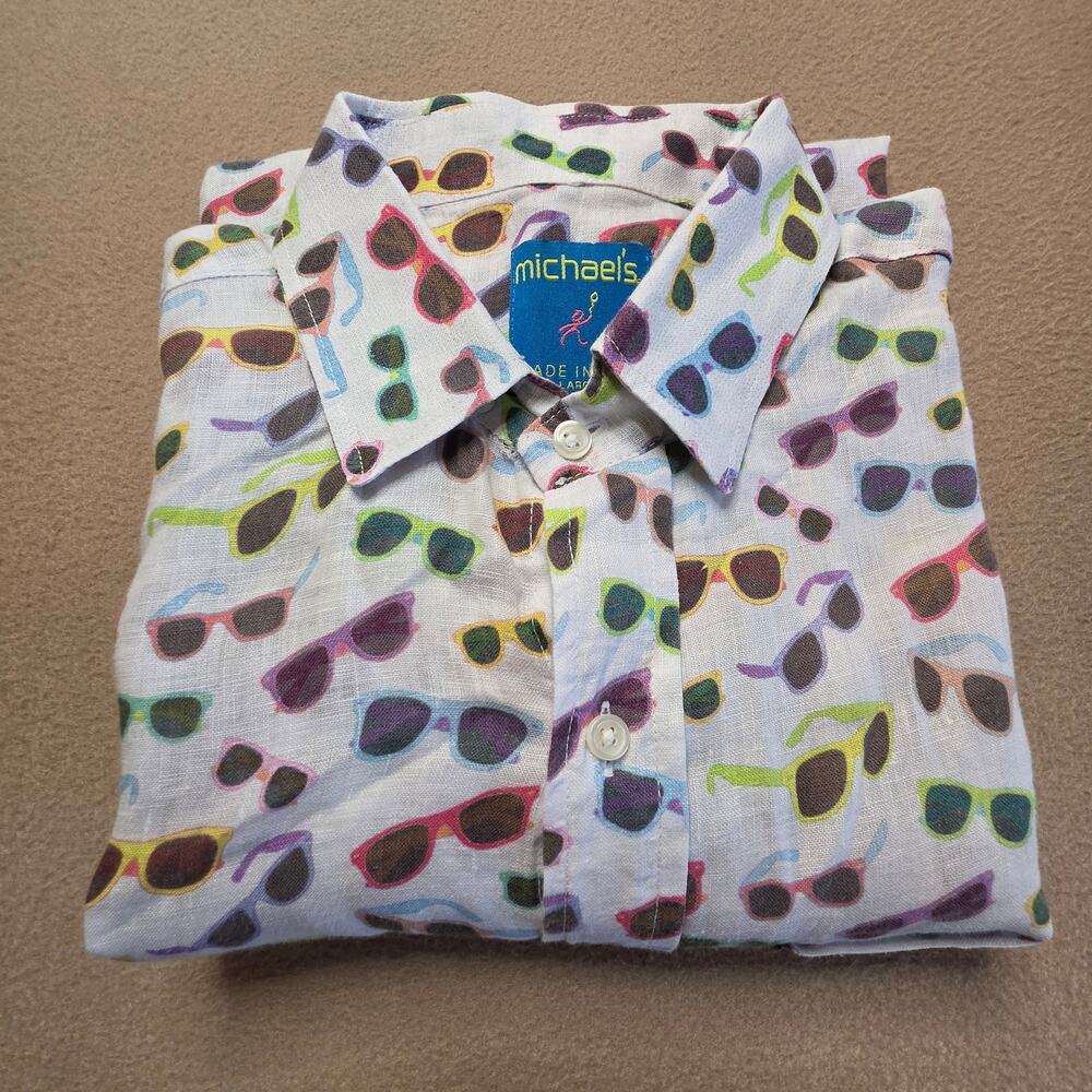 Michael's Vintage 90s Sunglasses Novelty AOP Linen Shirt Sz Large Made In USA